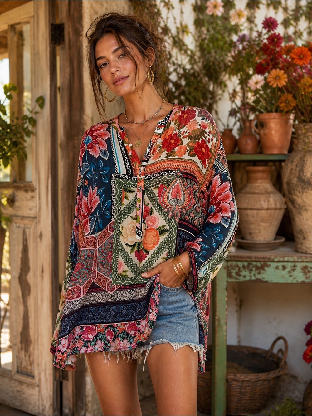 SHANA Mixed Print Boho Tunic Blouse Medium Patchwork Floral Top Silk Viscose